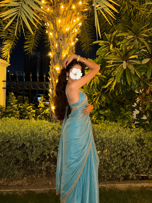 Sky Blue Embellished Party Wear Saree
